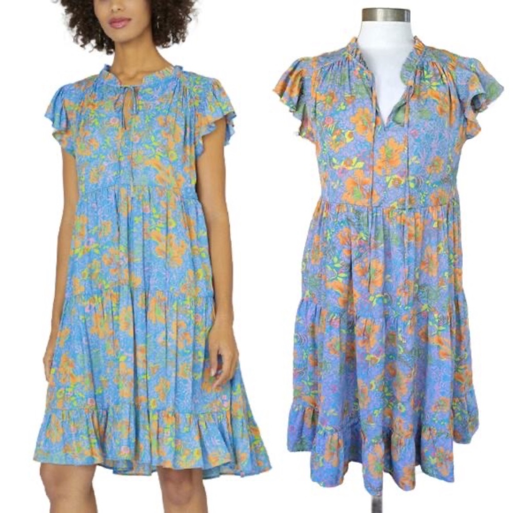 Current Air Blue Multicolor Floral Ruffle Tiered Dress Medium Flutter Sleeve